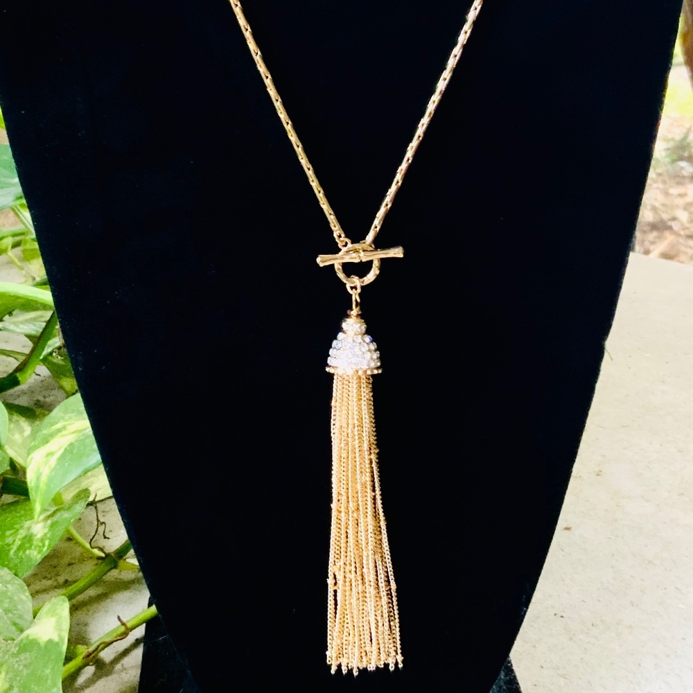 Lilly Pulitzer NECKLACE 🩷 GOLD CHAIN TASSEL CRYSTAL NECKLACE NWT “Fronds”TOGGLE - Picture 16 of 16